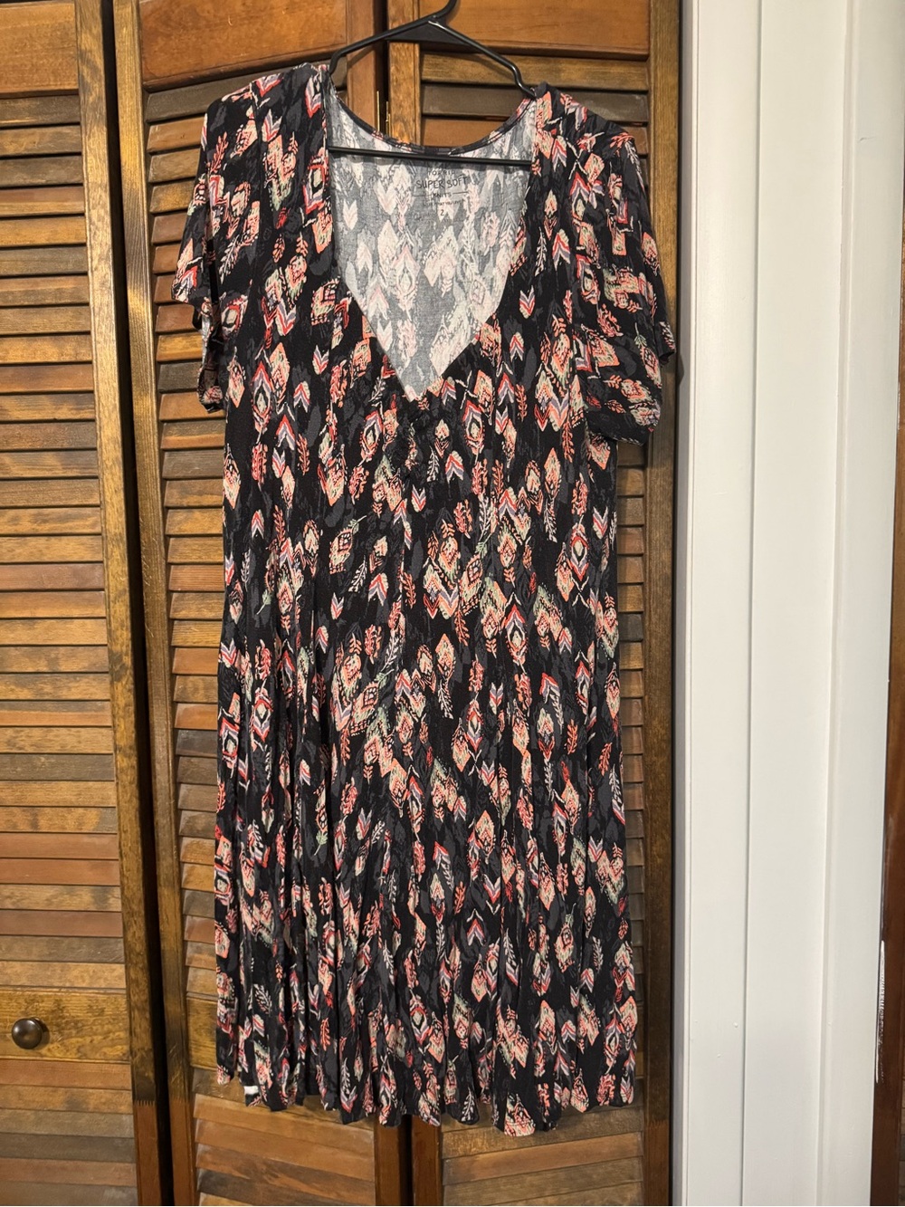 torrid Black Midi Dress with Coral and Cream Geometric Print